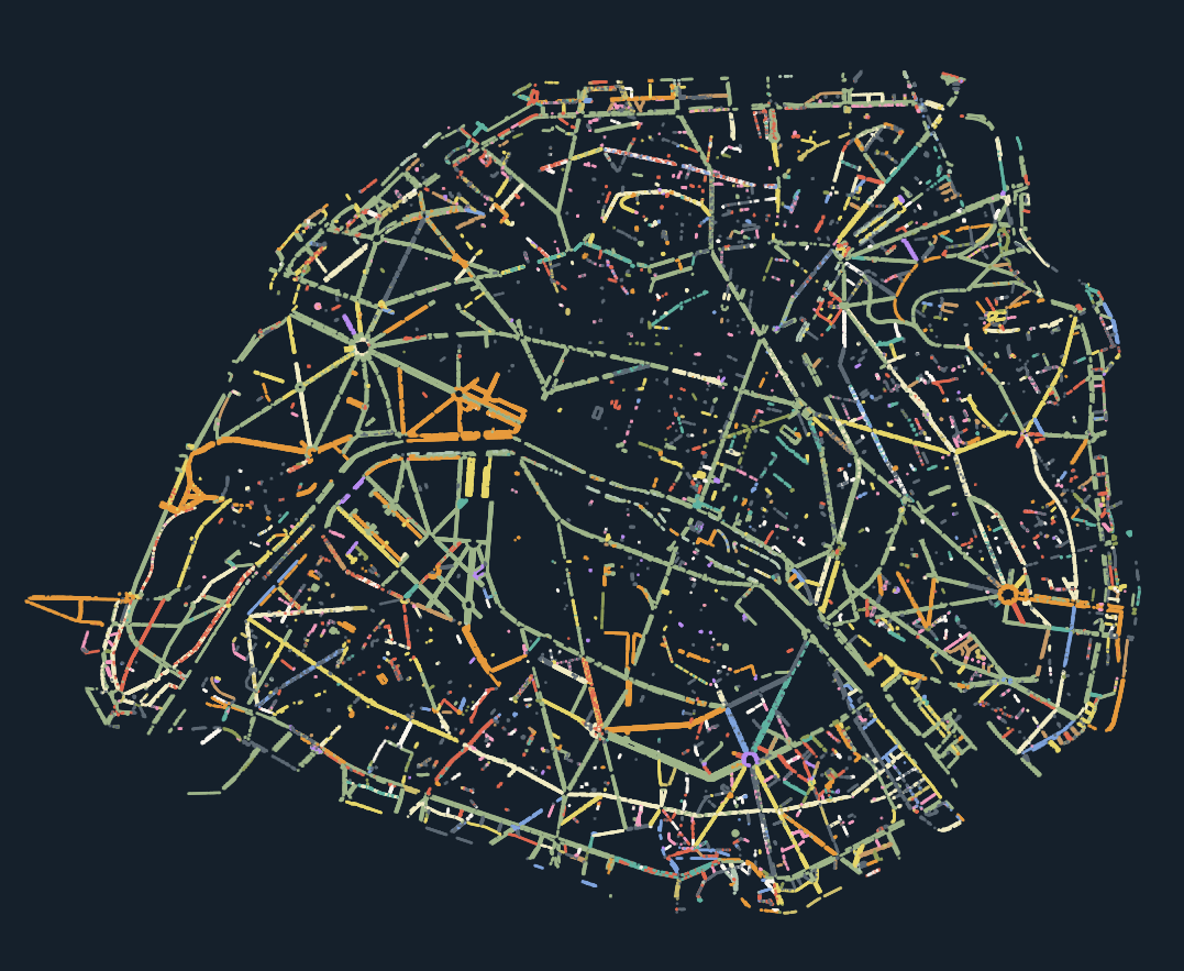 Les 100 695 arbres d'alignement de Paris sur fond sombre, chaque point coloré selon son essence ; les arbres dessinent à eux seuls le réseau des rues.